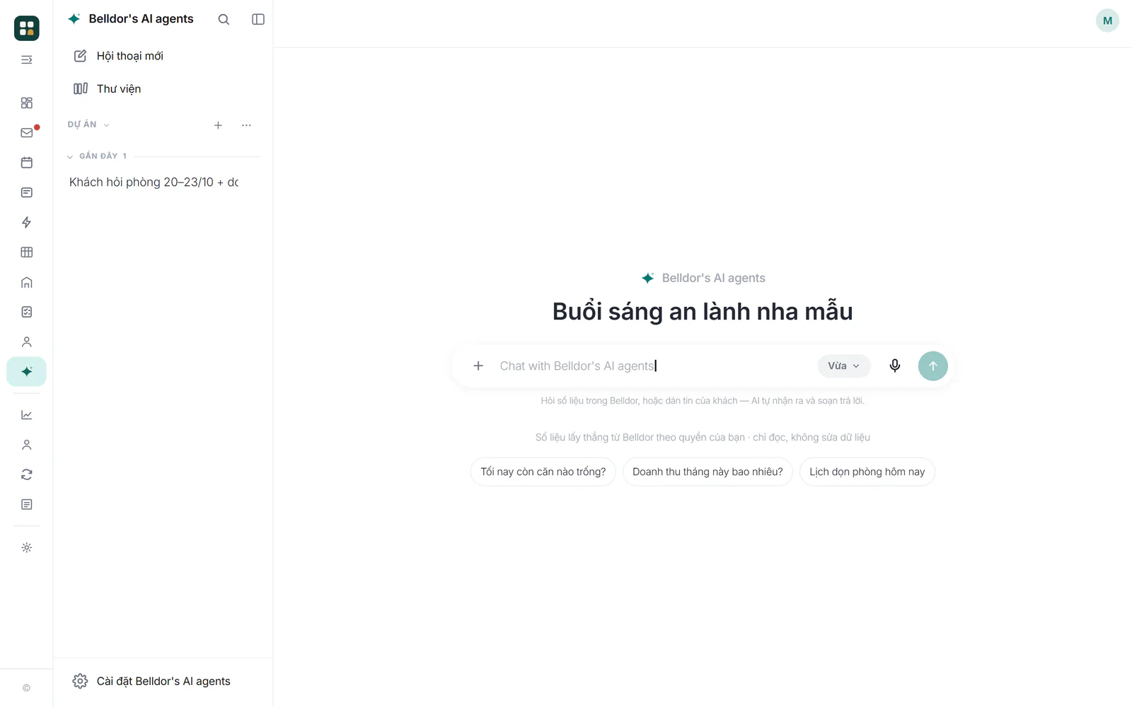 Màn Belldor's AI agents lúc chưa hỏi gì: ô hỏi, dòng phạm vi và ba câu mở đầu