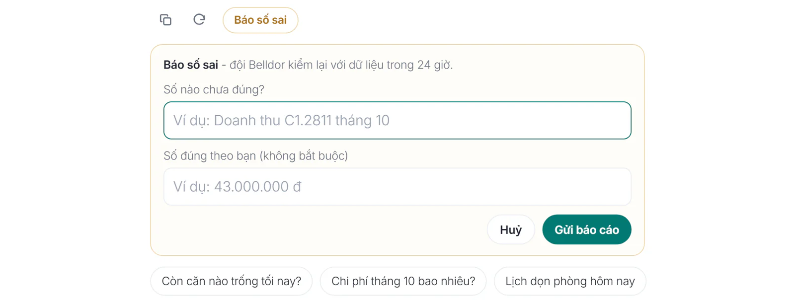 Hộp Báo số sai mở ngay dưới câu trả lời