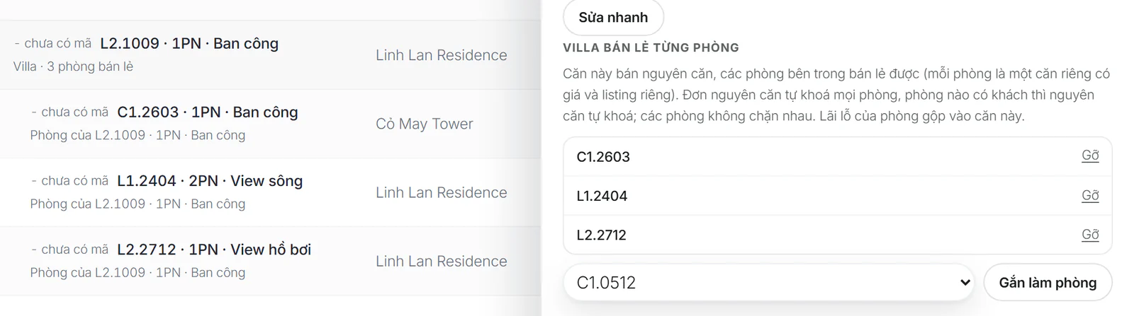 Danh sách phòng và ngăn căn của villa: (1) dòng Villa · 3 phòng bán lẻ, (2) dòng Phòng của dưới mỗi phòng, (3) nút Gỡ, (4) ô chọn phòng cạnh nút Gắn làm phòng