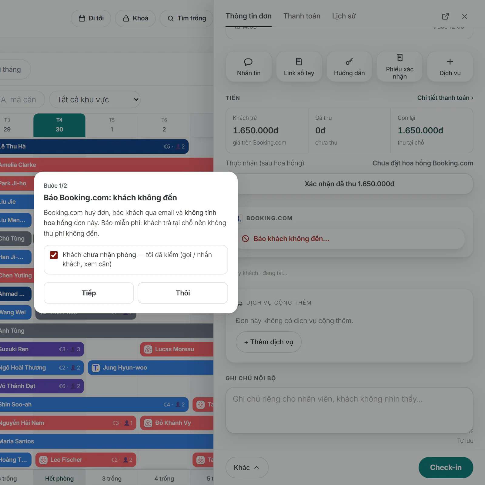 Khối Booking.com trong chi tiết đơn và hộp Báo khách không đến, bước 1