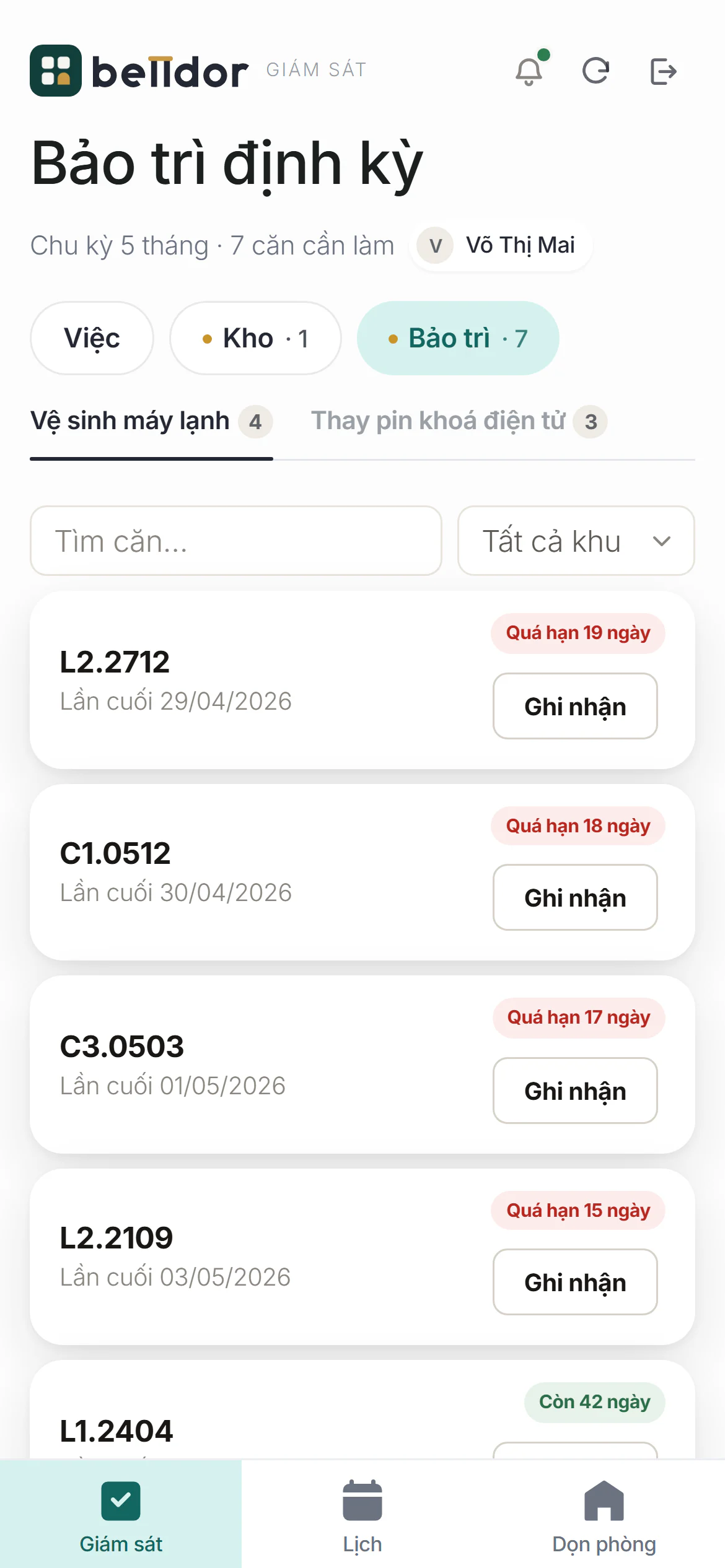 Mục Bảo trì trên màn của giám sát: hai việc ở hàng tab, trạng thái từng căn và nút Ghi nhận