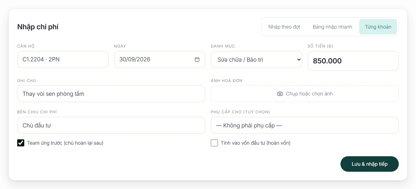 Ô Bên chịu chi phí đang chọn Chủ đầu tư, kèm ô Team ứng trước