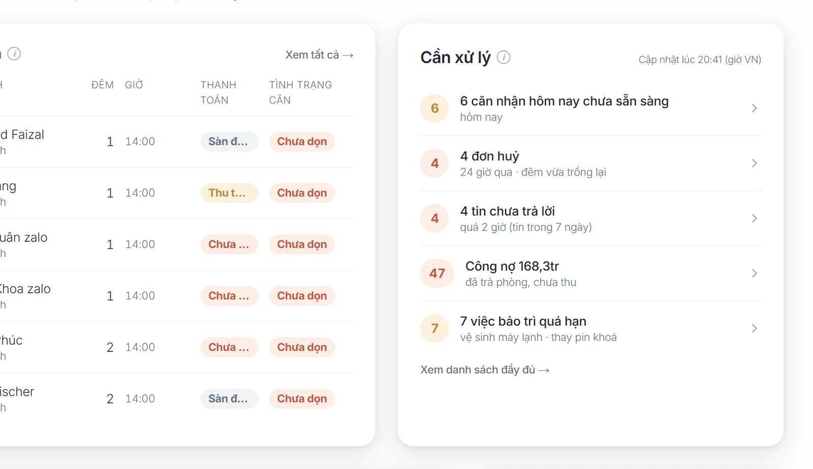 Thẻ Cần xử lý với bốn loại việc mẫu