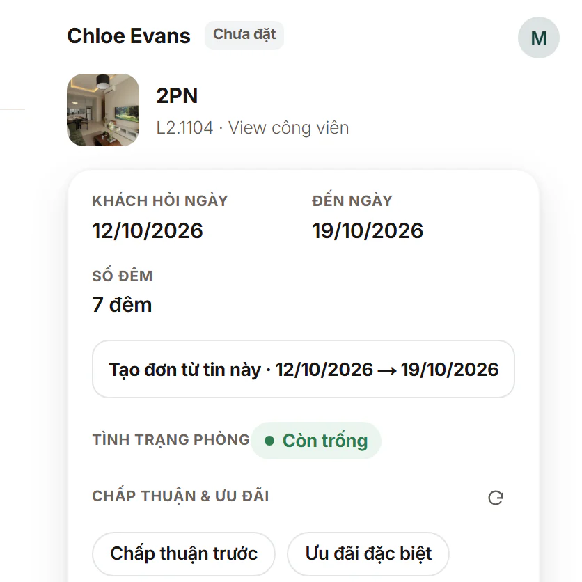 Khối Chấp thuận & ưu đãi ở khung bên phải của lượt hỏi Airbnb: (1) Chấp thuận trước, (2) Ưu đãi đặc biệt