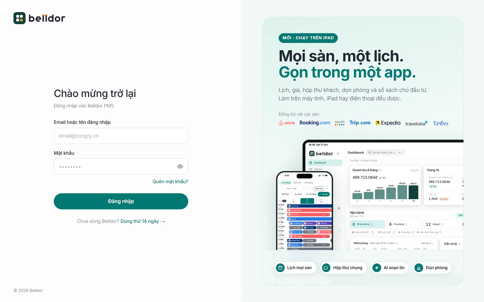 Màn đăng nhập Belldor PMS trên máy tính: ô email, ô mật khẩu và nút Đăng nhập ở nửa trái, phần giới thiệu ở nửa phải