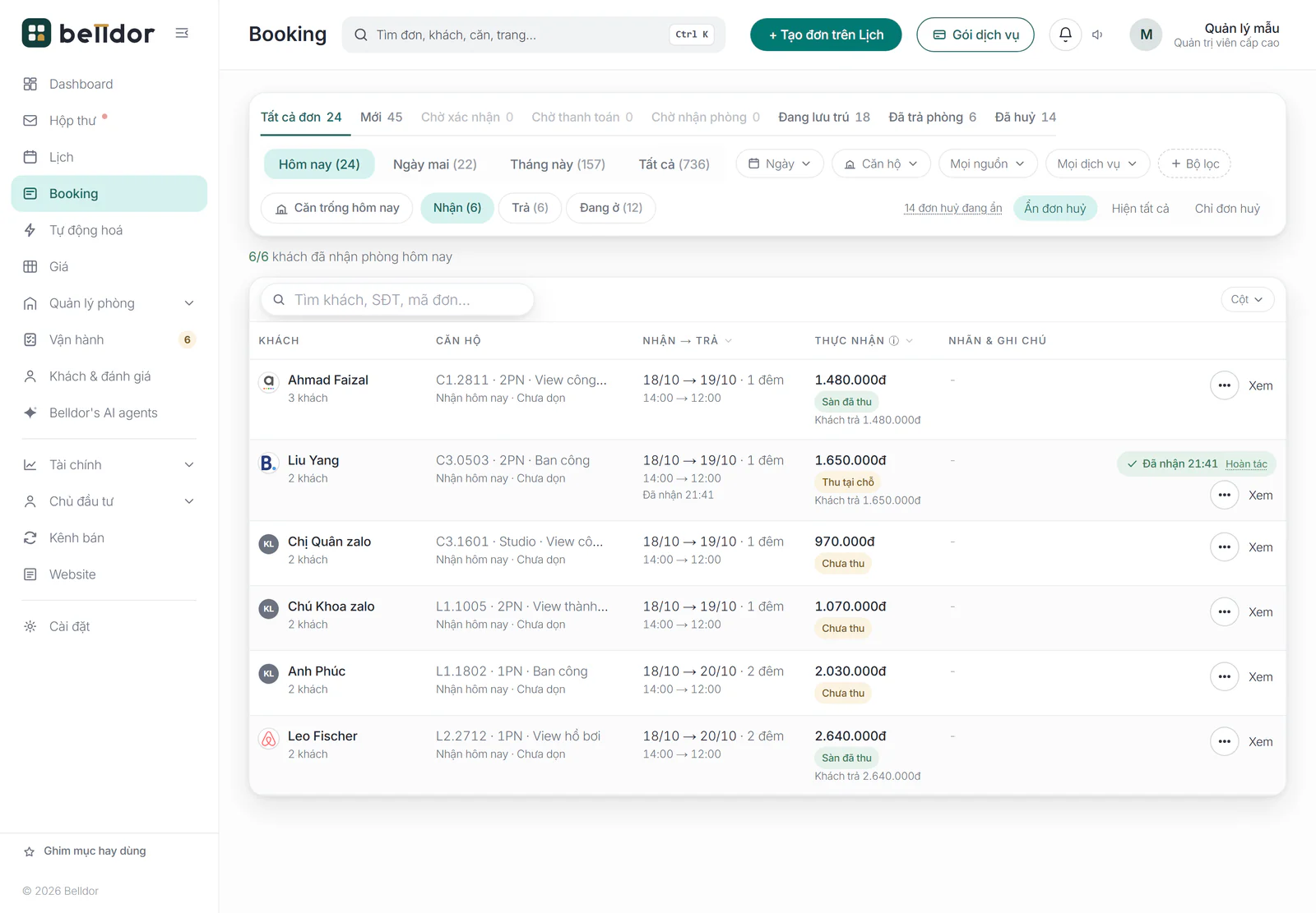 Màn Booking trên máy tính: tám tab, kỳ, chip lọc và ô tìm