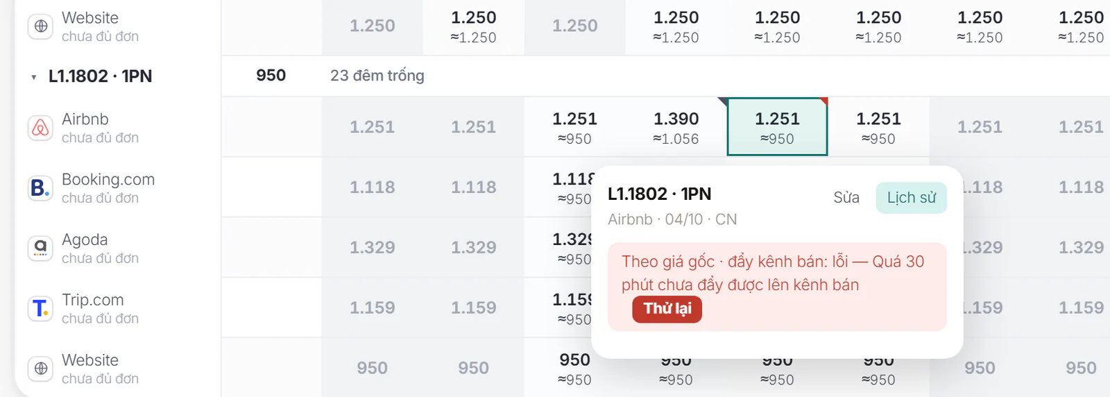 Bảng nhỏ khi chuột phải vào ô đẩy lỗi: tab Lịch sử, dòng lỗi và nút Thử lại