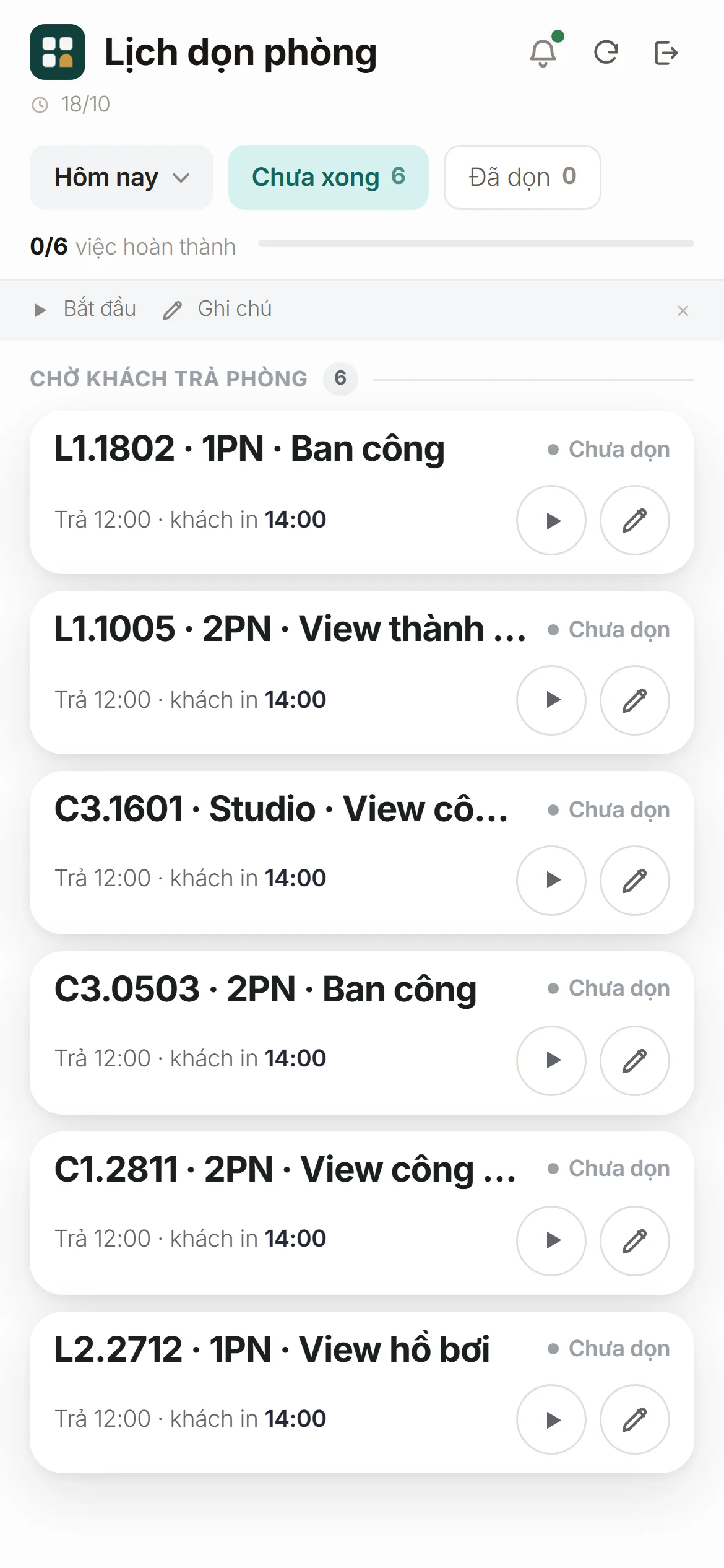 Màn Lịch dọn phòng của đối tác vệ sinh trên điện thoại: chọn ngày, lọc Chưa xong / Đã dọn và giờ trả / nhận phòng của từng căn