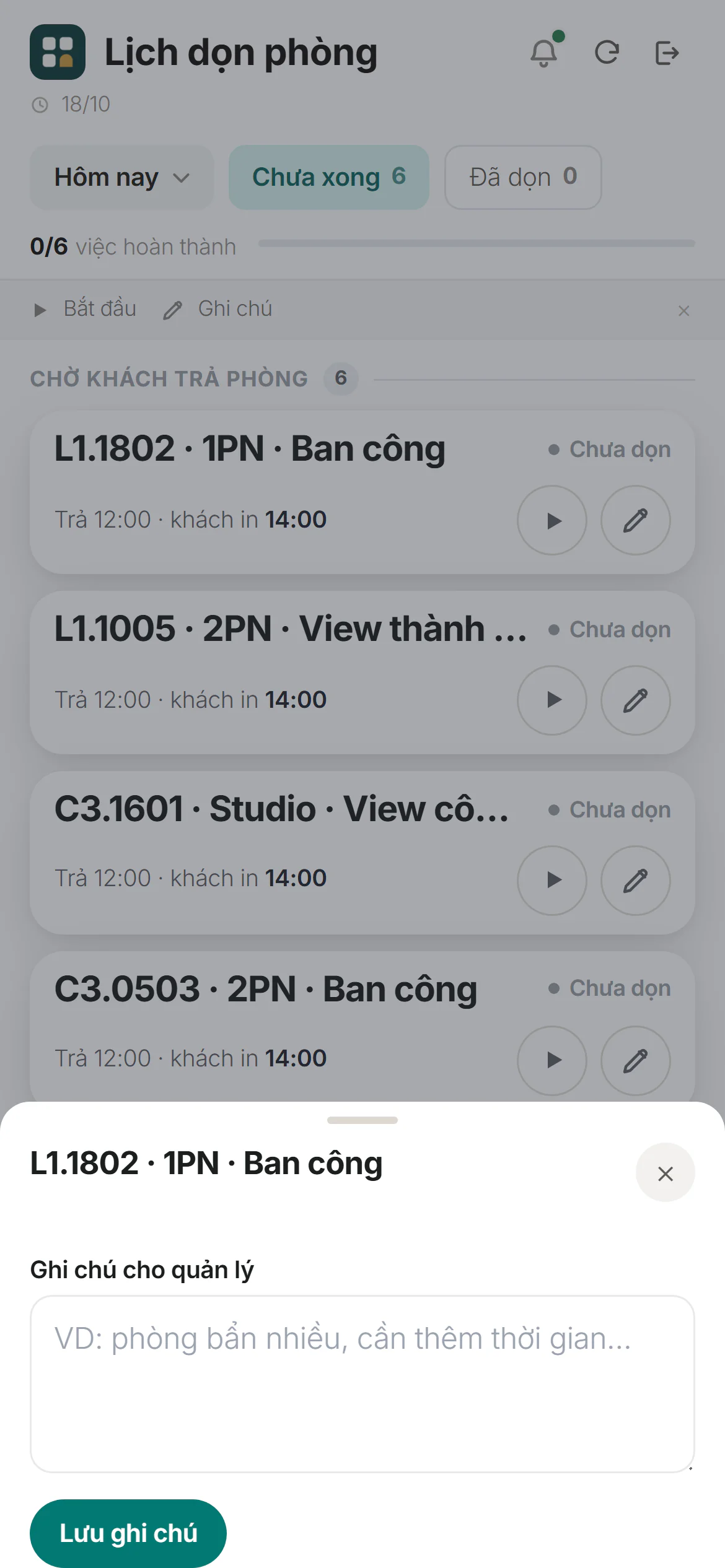 Ngăn mở từ nút bút trên thẻ: ô Ghi chú cho quản lý và nút Lưu ghi chú