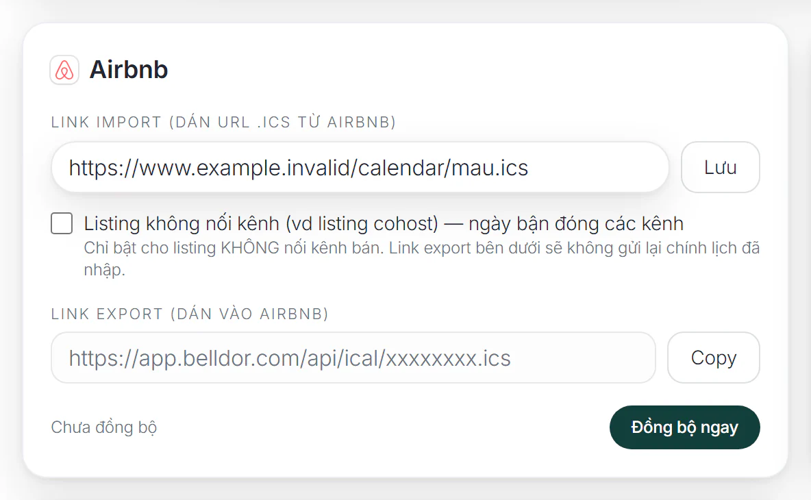 Thẻ Airbnb ở màn Đồng bộ OTA với Link import, ô Listing không nối kênh, Link export và nút Đồng bộ ngay (URL giả)