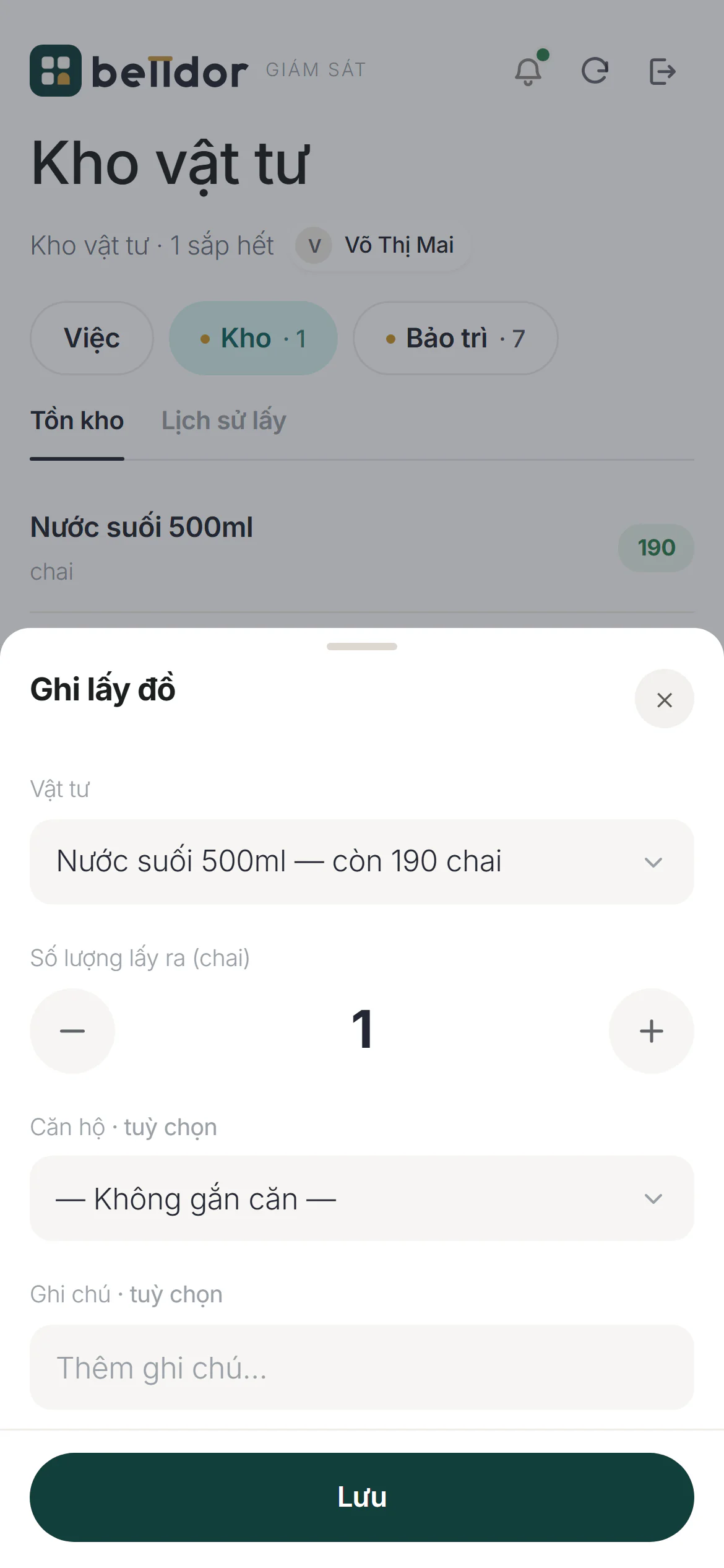 Ngăn Ghi lấy đồ trên màn của giám sát: chọn vật tư, số lượng, căn và nút Lưu