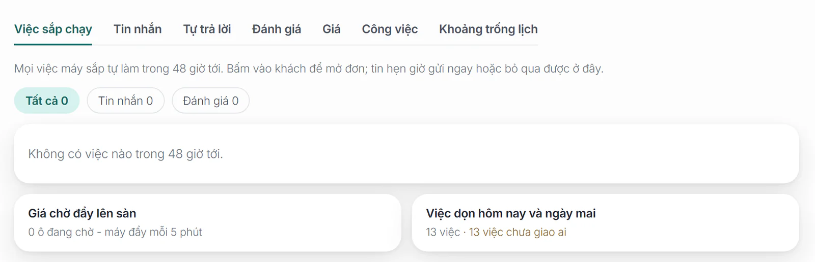 Khu Tự động hoá, tab Việc sắp chạy: hàng tab, bộ lọc loại việc và hai thẻ tổng