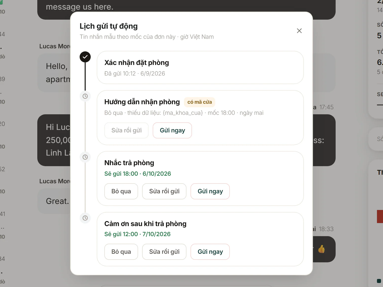 Lịch gửi tự động của một hội thoại: (1) dòng Đã gửi, (2) dòng Bỏ qua kèm lý do, (3) nút Gửi ngay