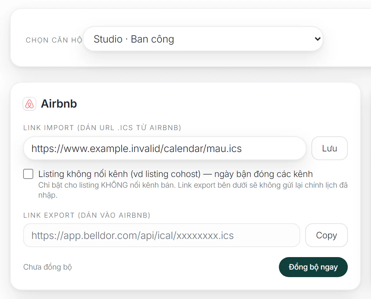 Thẻ Airbnb ở màn Đồng bộ OTA: ô Chọn căn hộ, Link import kèm nút Lưu và ô Listing không nối kênh (URL giả)