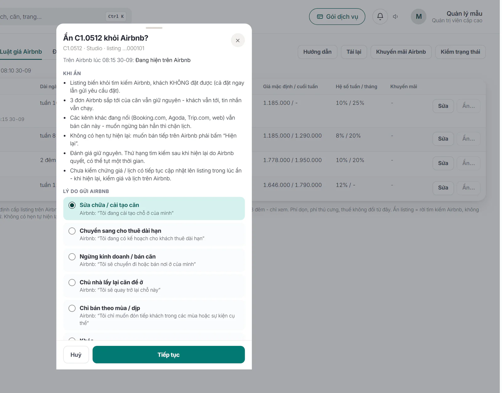 Bước đầu của hộp ẩn listing Airbnb: trạng thái đang chạy trên Airbnb, phần Khi ẩn, Lý do gửi Airbnb và nút Tiếp tục