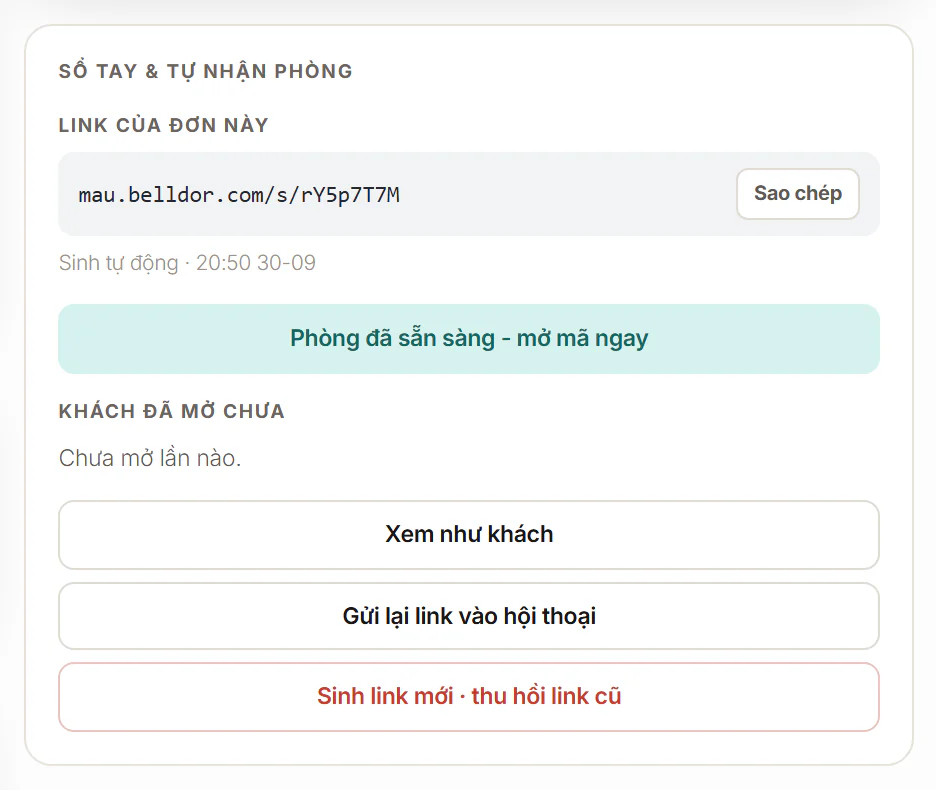 Khối Sổ tay & tự nhận phòng trong chi tiết đơn khách nhận phòng ngày mai, với nút Phòng đã sẵn sàng - mở mã ngay