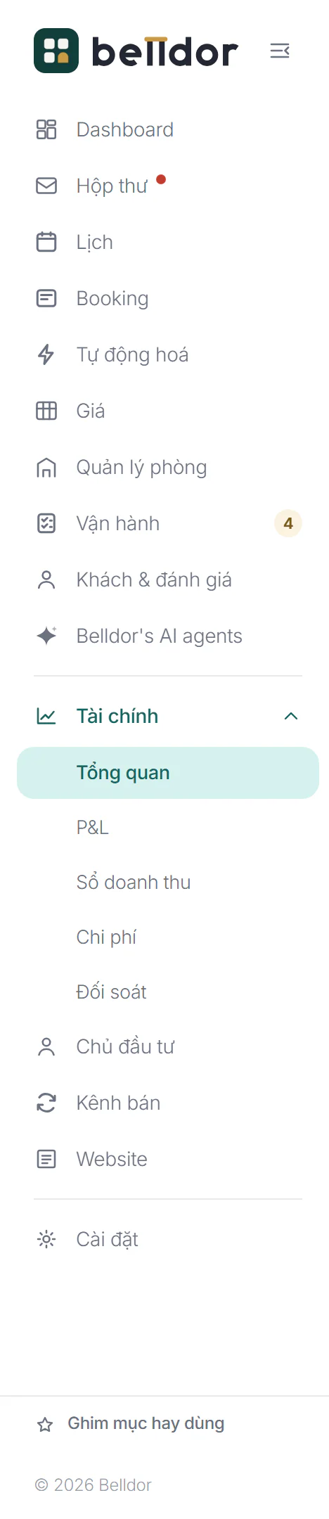 Menu trái trên máy tính, mục Tài chính đang mở danh sách màn con