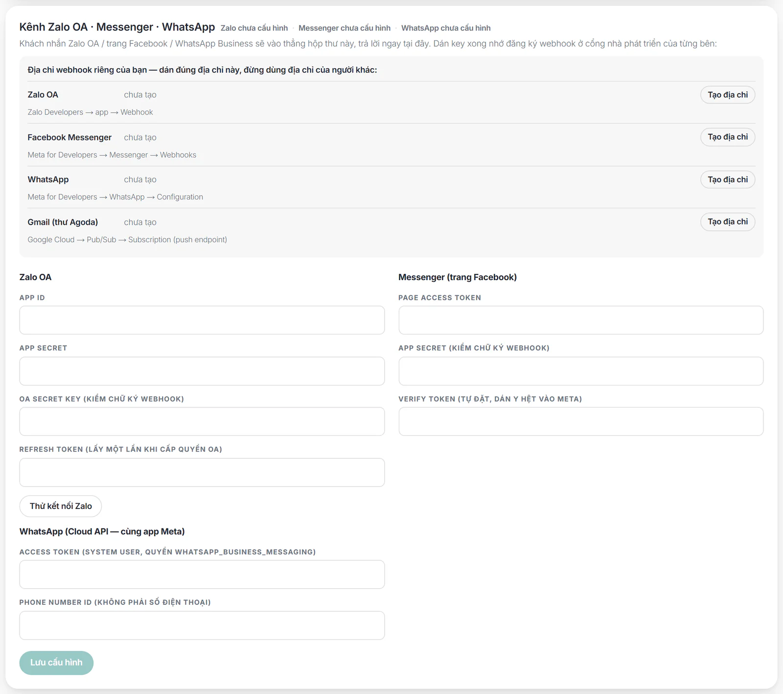 Thẻ Kênh Zalo OA · Messenger · WhatsApp với khối địa chỉ nhận tin riêng
