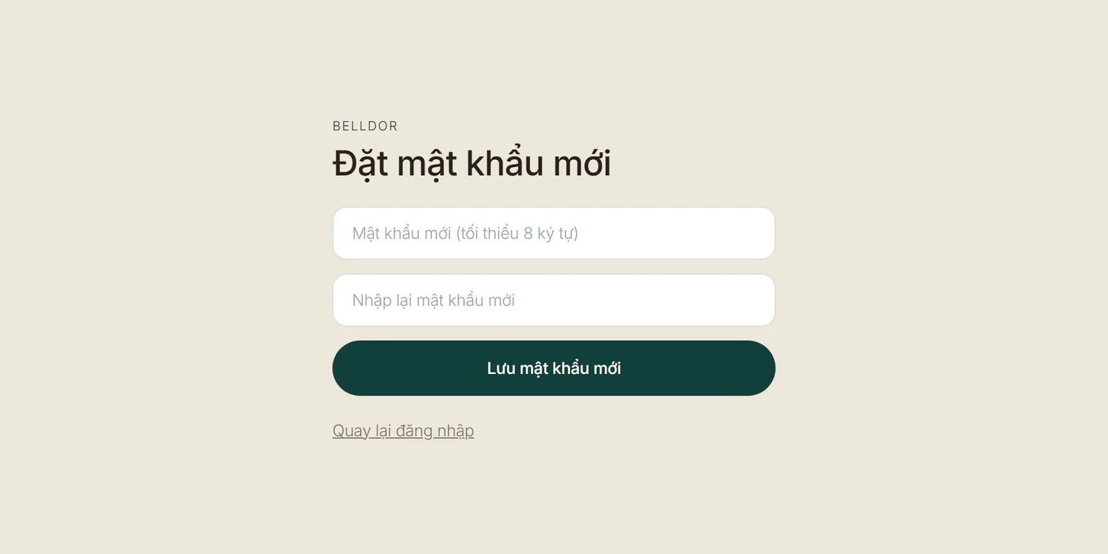 Màn Đặt mật khẩu mới mở từ link trong thư