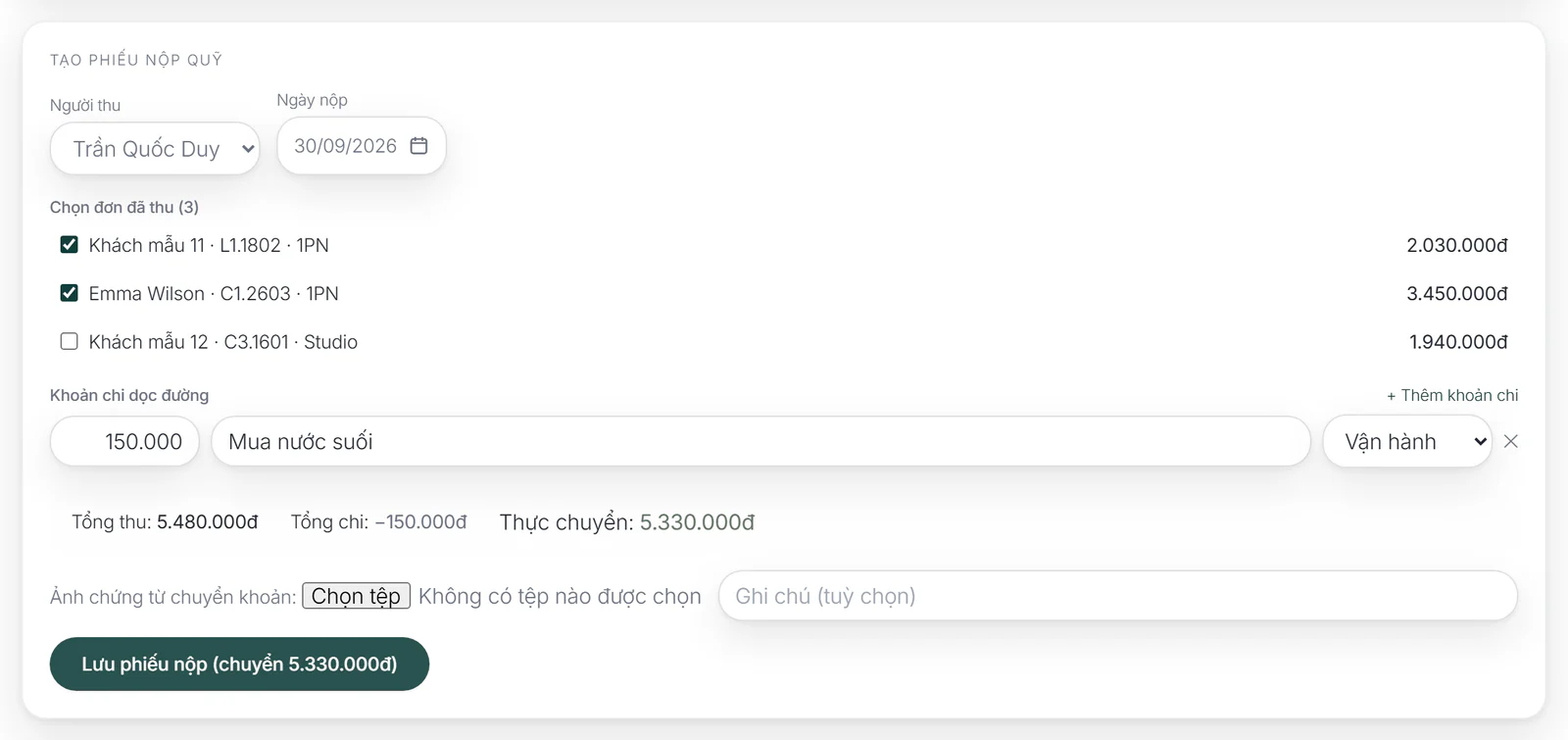 Khối Tạo phiếu nộp quỹ với hai đơn đã tick và một khoản chi dọc đường