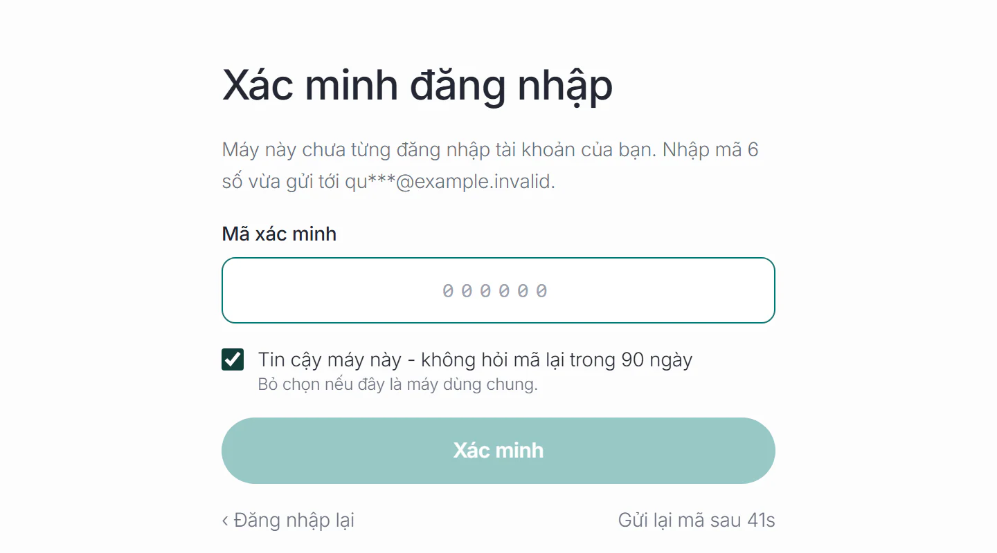 Màn Xác minh đăng nhập với ô nhập mã 6 số và ô Tin cậy máy này