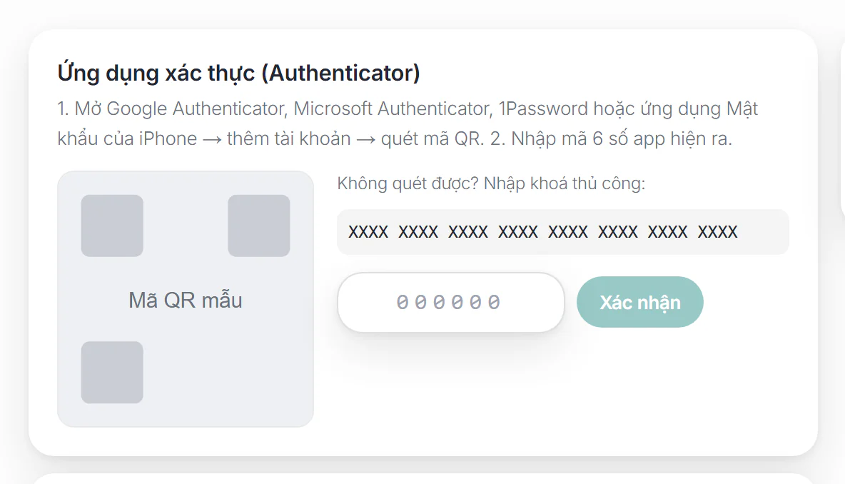 Thẻ Ứng dụng xác thực với mã QR và ô nhập mã (mã mẫu)